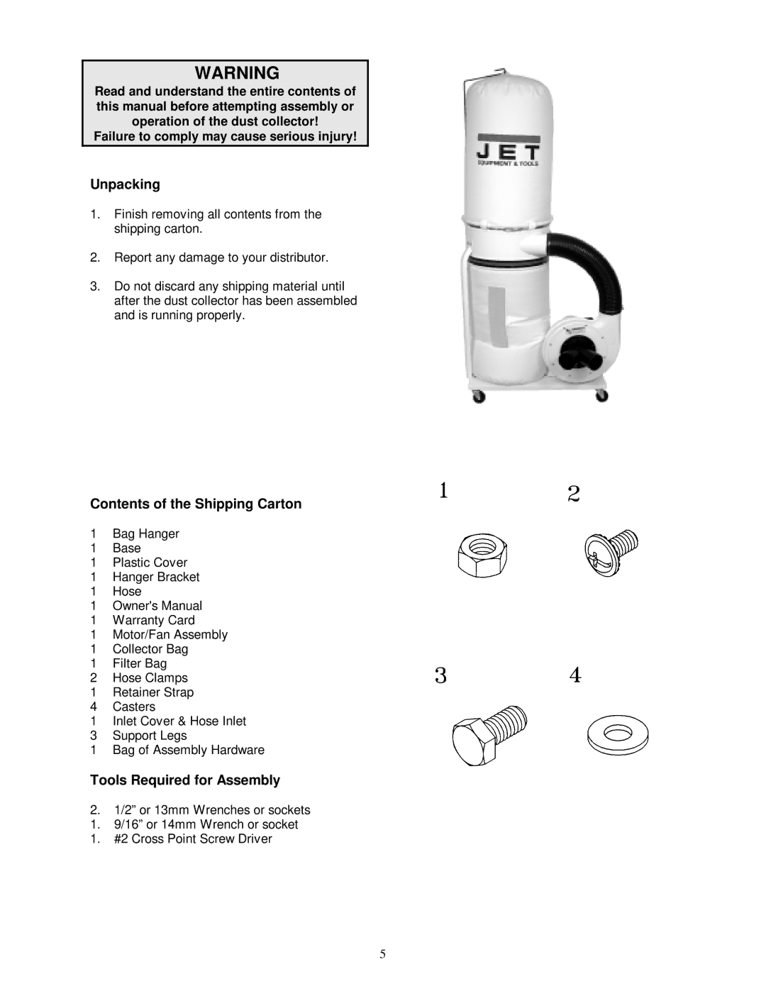 Jet Tools DC-1200A owner manual Contents of the Shipping Carton, Tools Required for Assembly 