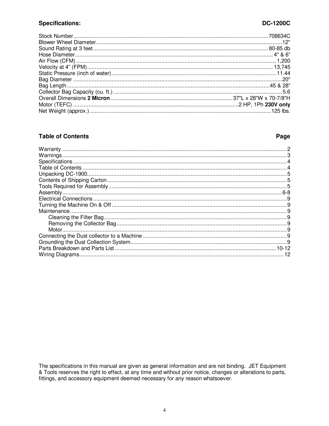 Jet Tools owner manual Specifications DC-1200C, Table of Contents 