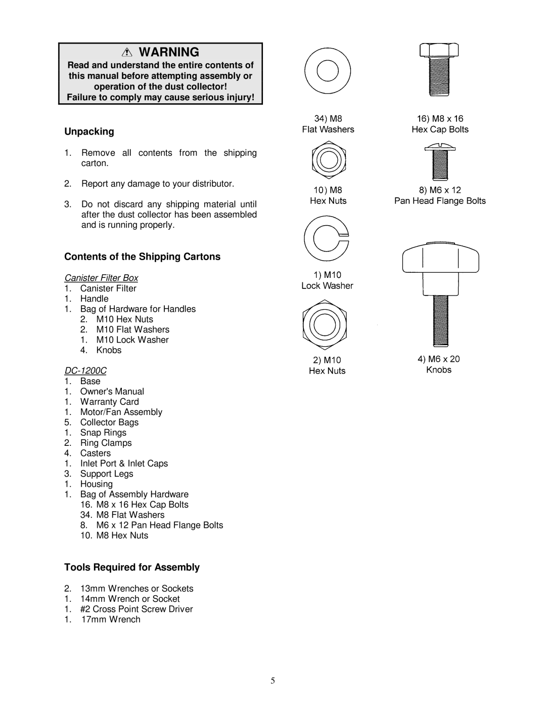 Jet Tools DC-1200C owner manual Unpacking, Contents of the Shipping Cartons, Tools Required for Assembly 