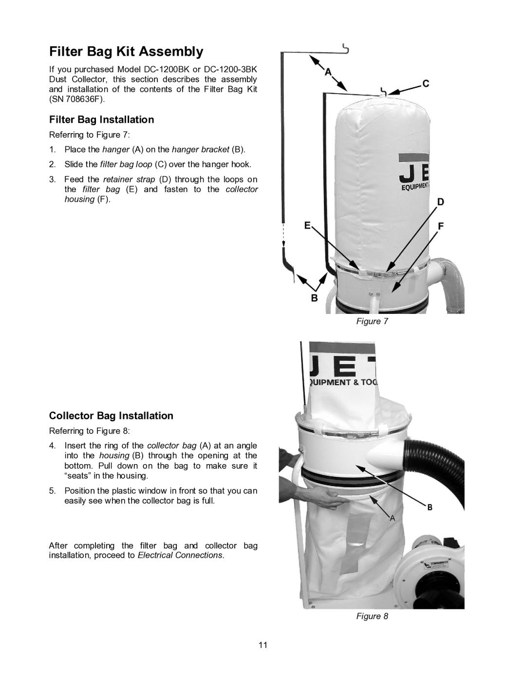 Jet Tools DC-1200CK operating instructions Filter Bag Kit Assembly, Filter Bag Installation, Collector Bag Installation 