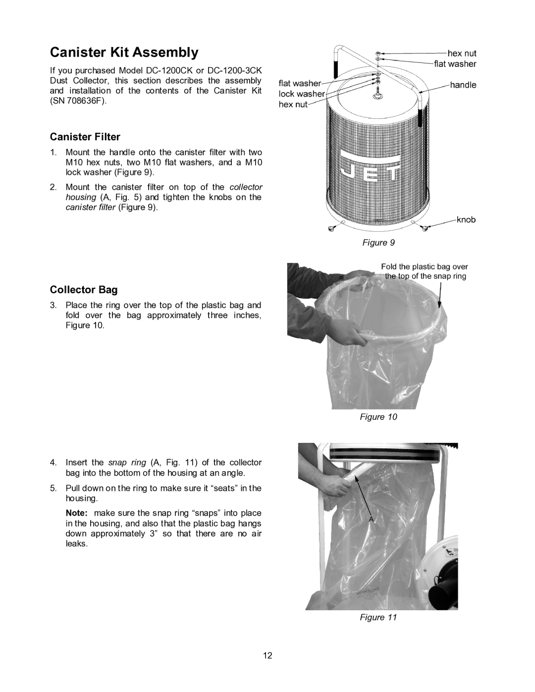 Jet Tools DC-1200CK operating instructions Canister Kit Assembly, Canister Filter, Collector Bag 