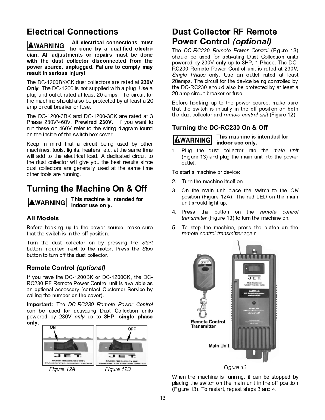 Jet Tools DC-1200CK Electrical Connections, Turning the Machine On & Off, Dust Collector RF Remote Power Control optional 