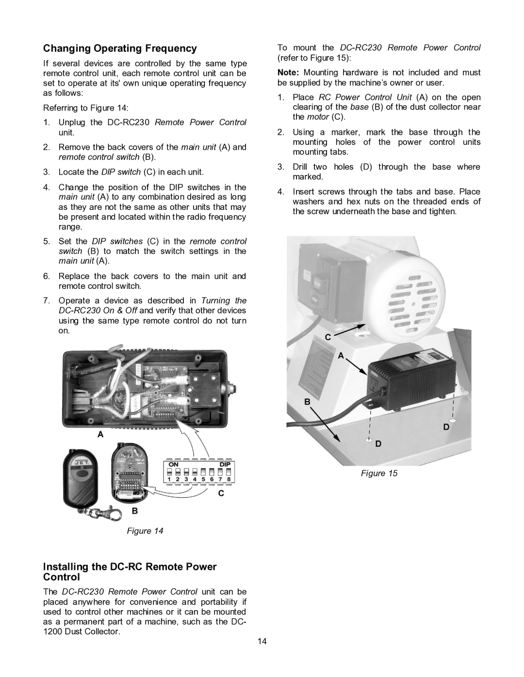 Jet Tools DC-1200CK operating instructions Changing Operating Frequency, Installing the DC-RC Remote Power Control 