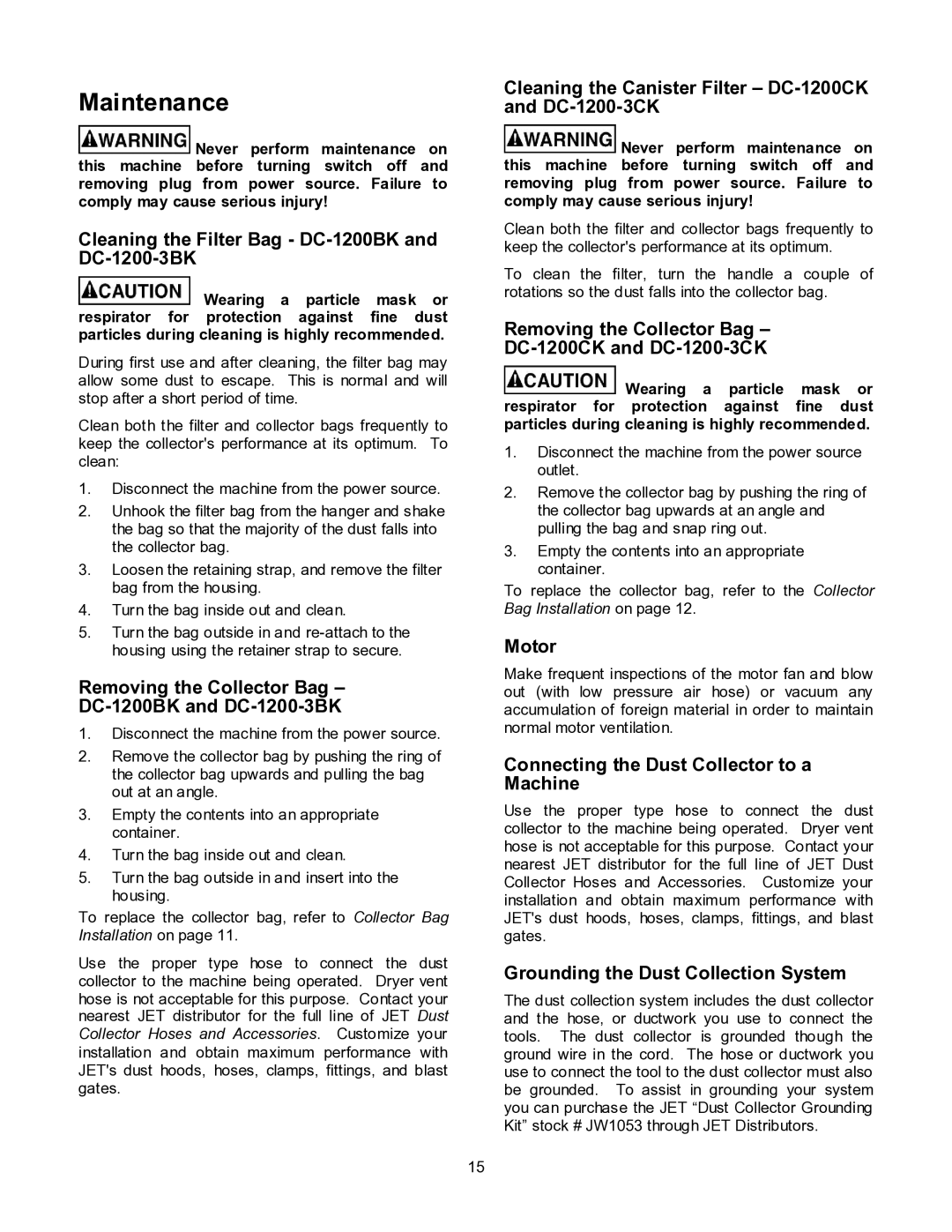 Jet Tools DC-1200CK operating instructions Maintenance 