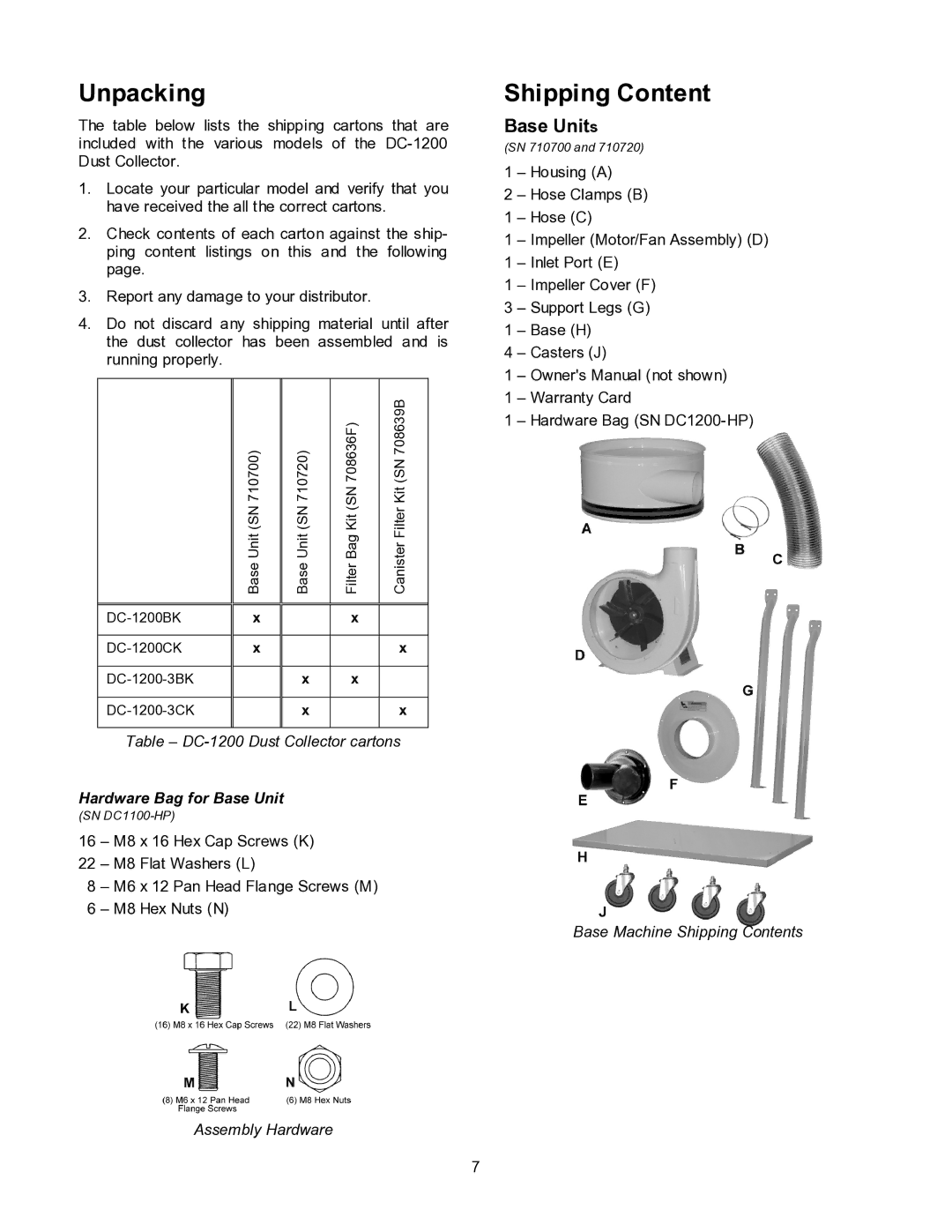 Jet Tools DC-1200CK operating instructions Unpacking, Shipping Content, Base Units 