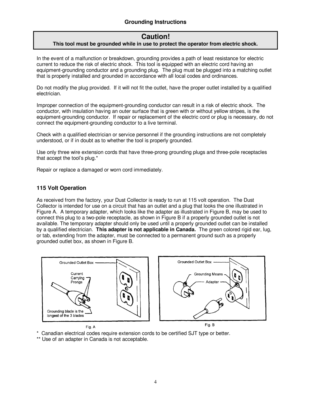 Jet Tools DC-1200FS owner manual Grounding Instructions, Volt Operation 