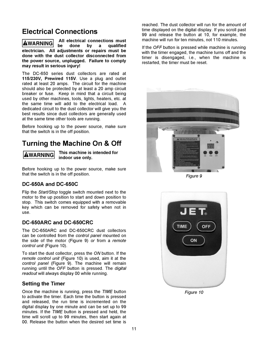 Jet Tools Electrical Connections, Turning the Machine On & Off, DC-650A and DC-650C, DC-650ARC and DC-650CRC 