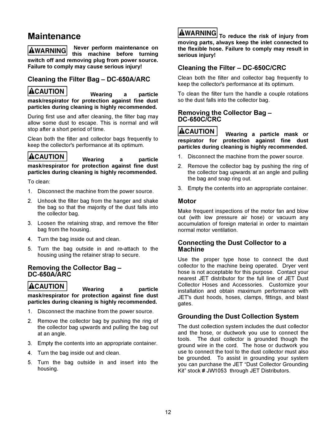 Jet Tools DC-650CRC, DC-650ARC operating instructions Maintenance 