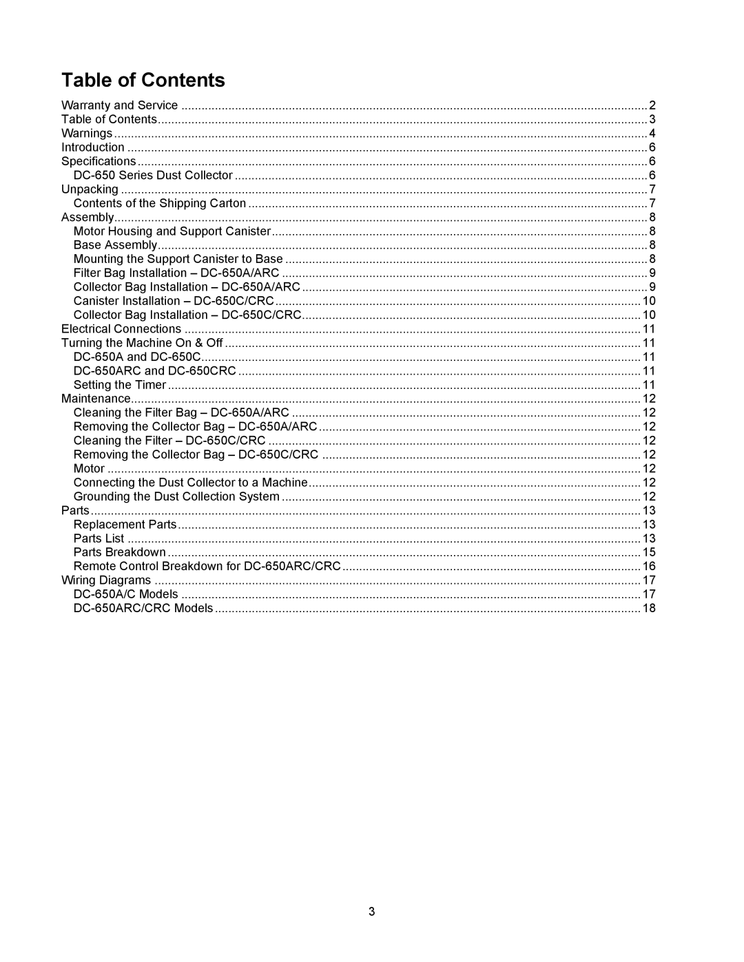 Jet Tools DC-650ARC, DC-650CRC operating instructions Table of Contents 