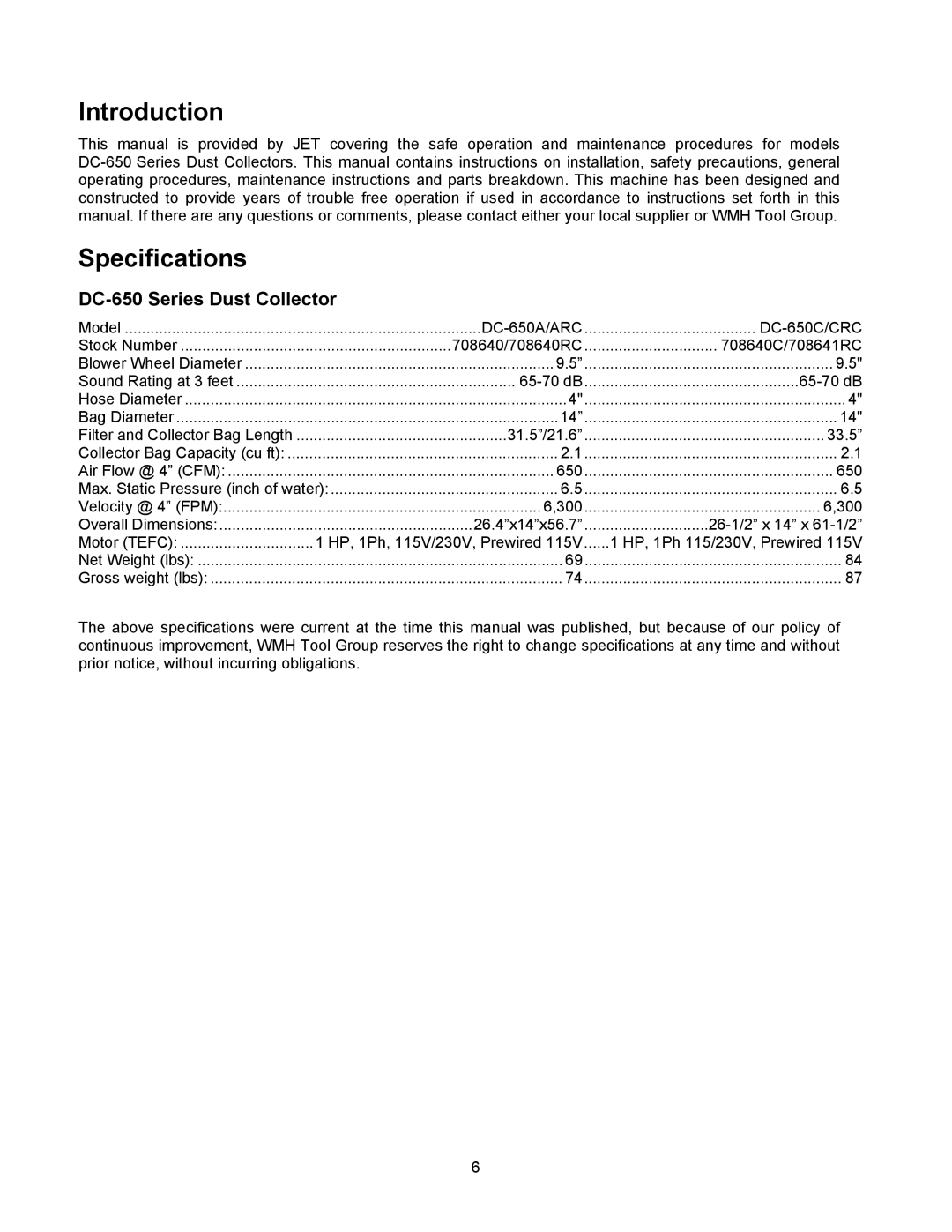 Jet Tools DC-650CRC, DC-650ARC operating instructions Introduction, Specifications, DC-650 Series Dust Collector 