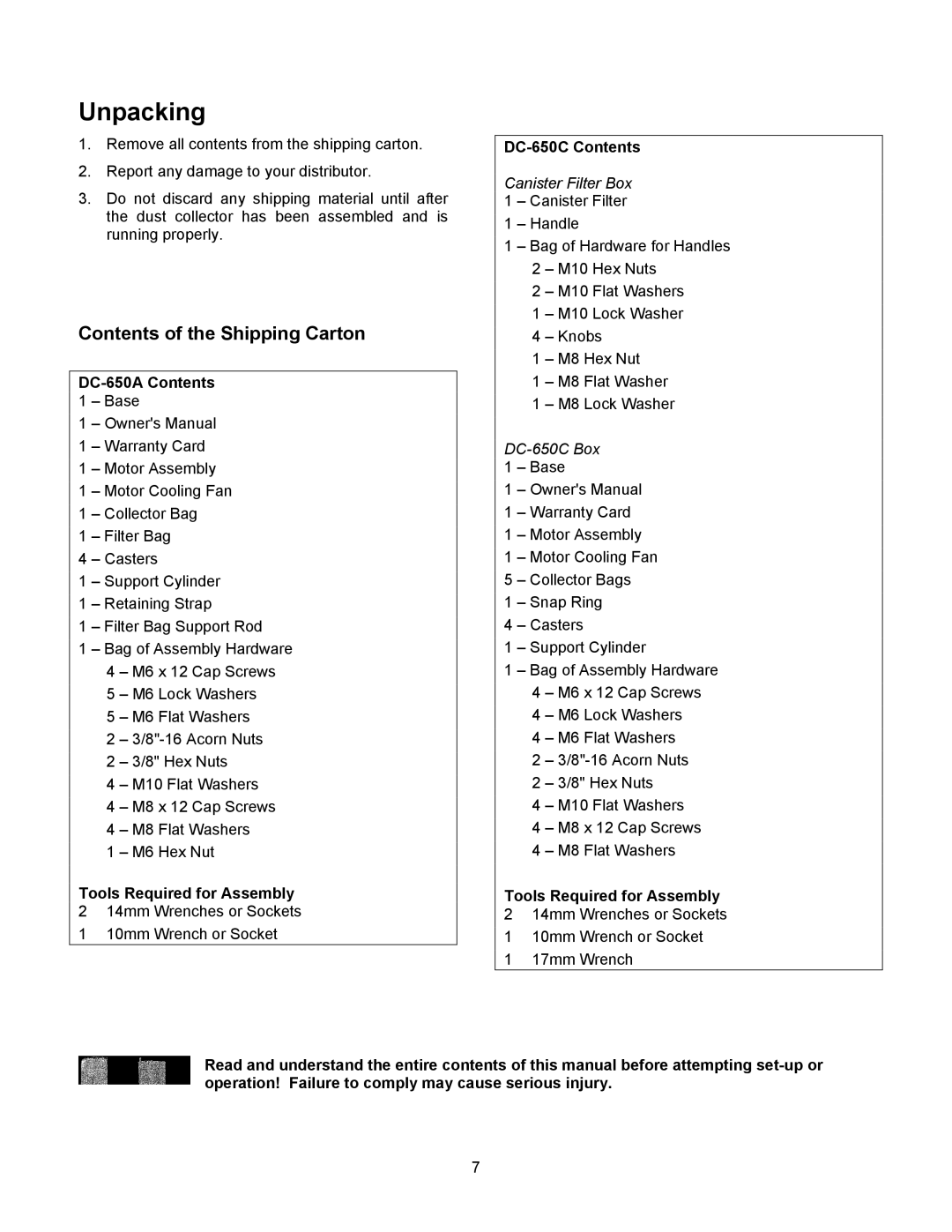 Jet Tools DC-650ARC, DC-650CRC operating instructions Unpacking, Contents of the Shipping Carton 