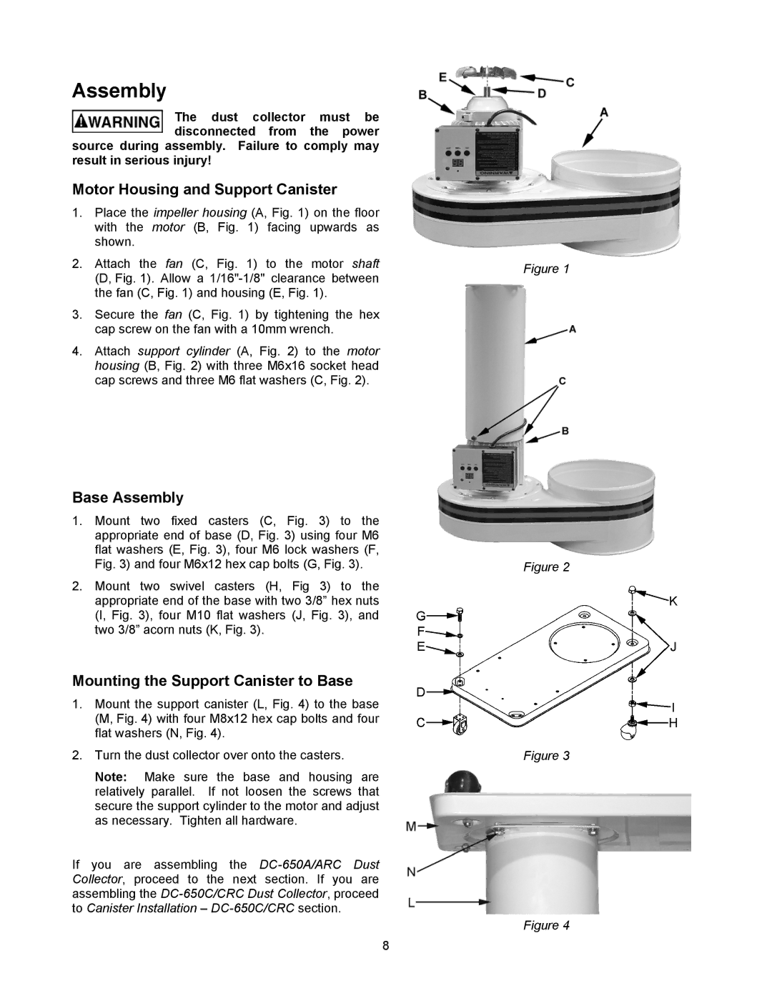 Jet Tools DC-650CRC, DC-650A Motor Housing and Support Canister, Base Assembly, Mounting the Support Canister to Base 