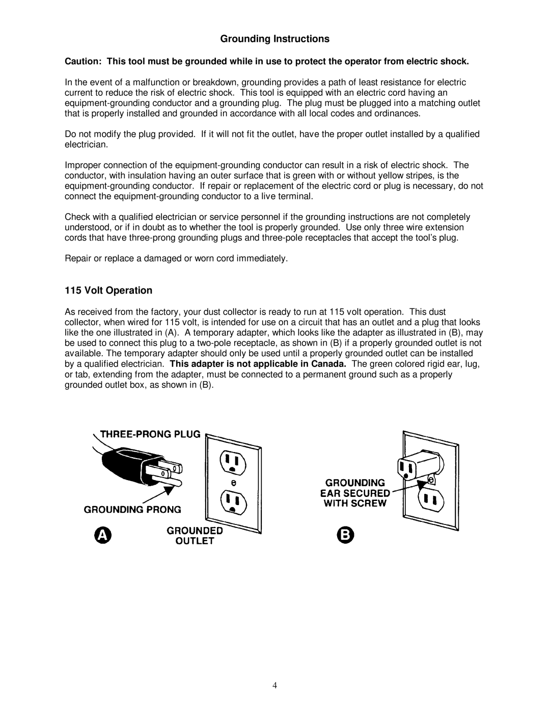 Jet Tools DC-650TS owner manual Grounding Instructions, Volt Operation 