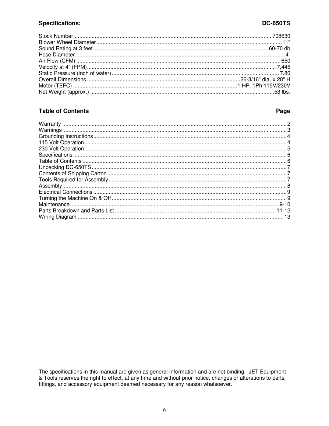 Jet Tools owner manual Specifications DC-650TS, Table of Contents 