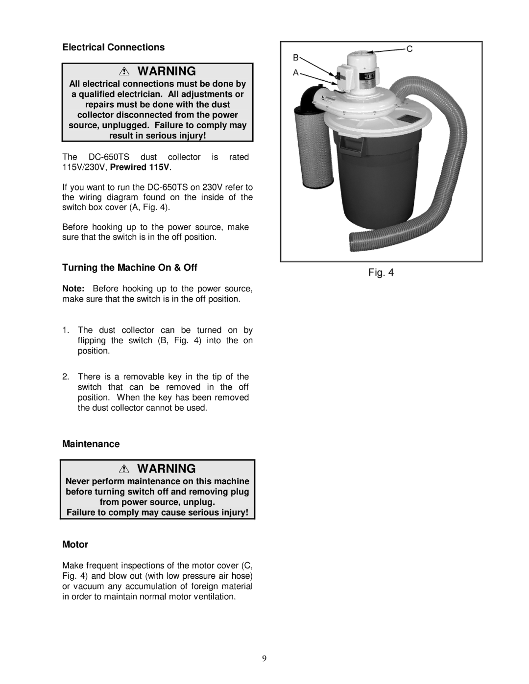 Jet Tools DC-650TS owner manual Electrical Connections, Turning the Machine On & Off, Maintenance, Motor 