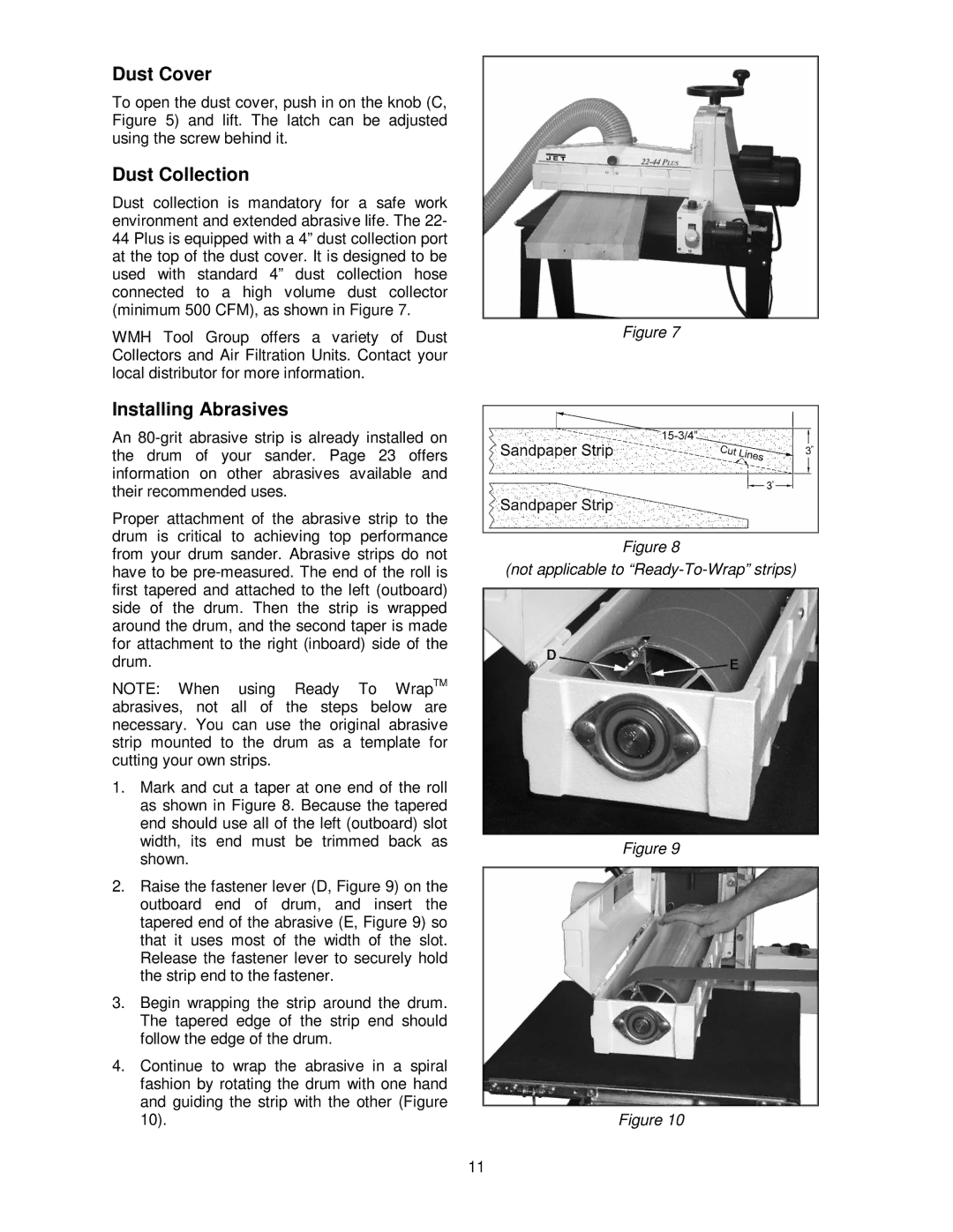 Jet Tools Drum Sander operating instructions Dust Cover, Dust Collection, Installing Abrasives 