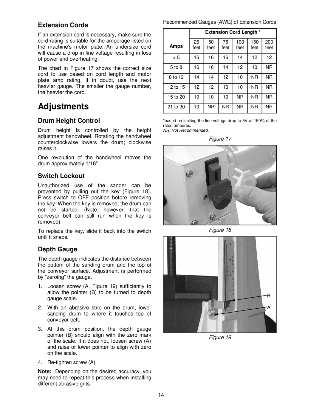 Jet Tools Drum Sander operating instructions Adjustments, Extension Cords, Drum Height Control, Switch Lockout, Depth Gauge 