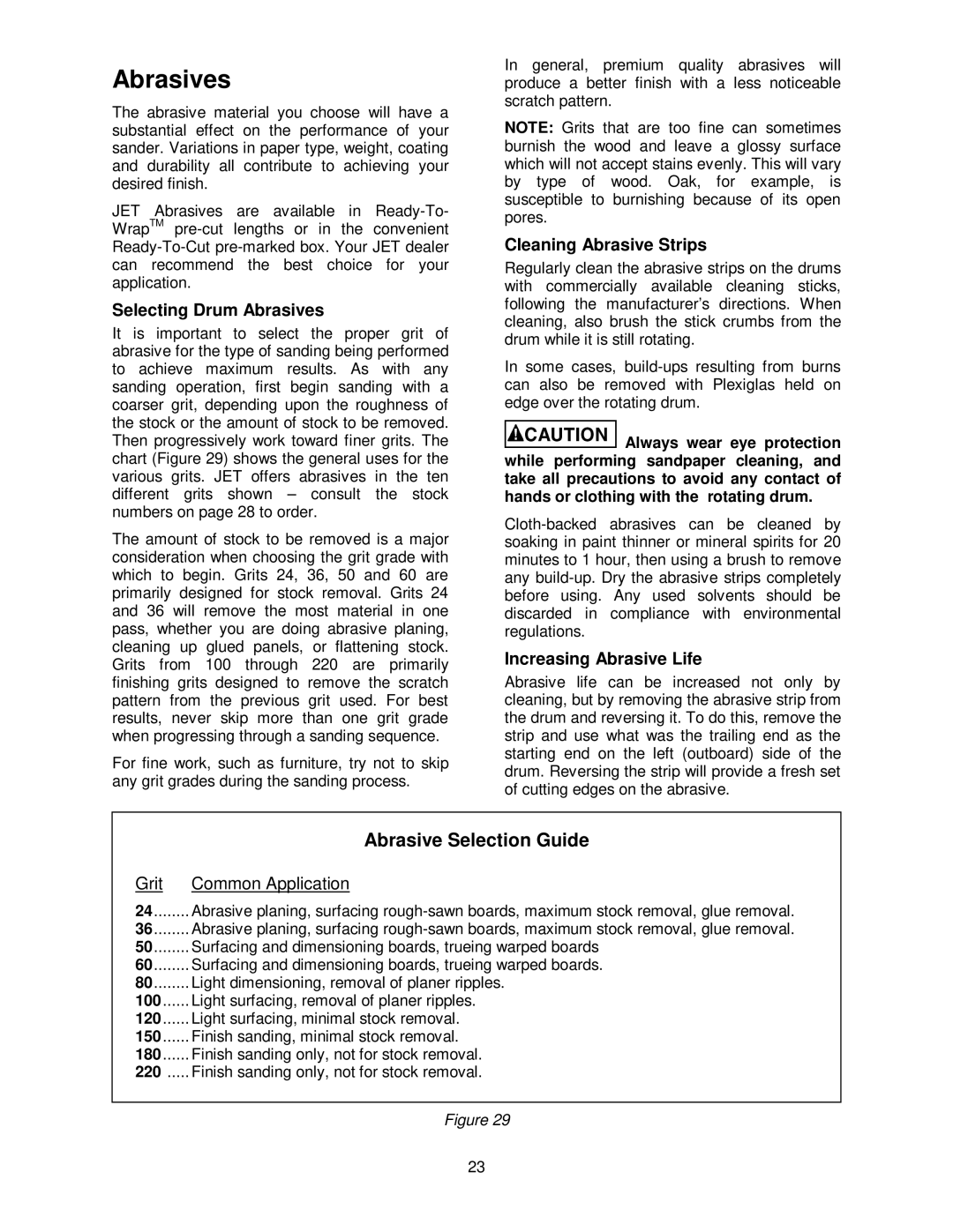 Jet Tools Drum Sander operating instructions Abrasives, Abrasive Selection Guide 