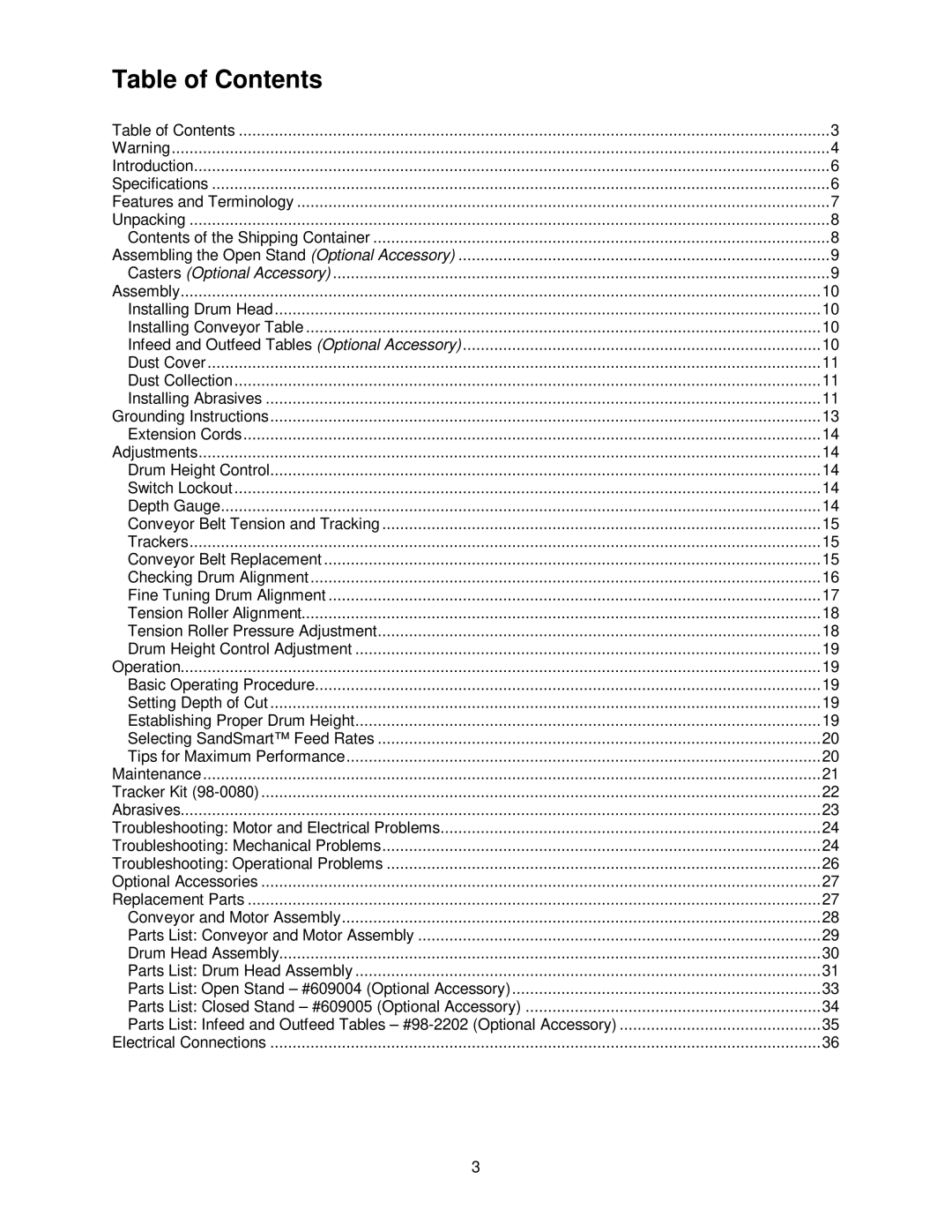 Jet Tools Drum Sander operating instructions Table of Contents 