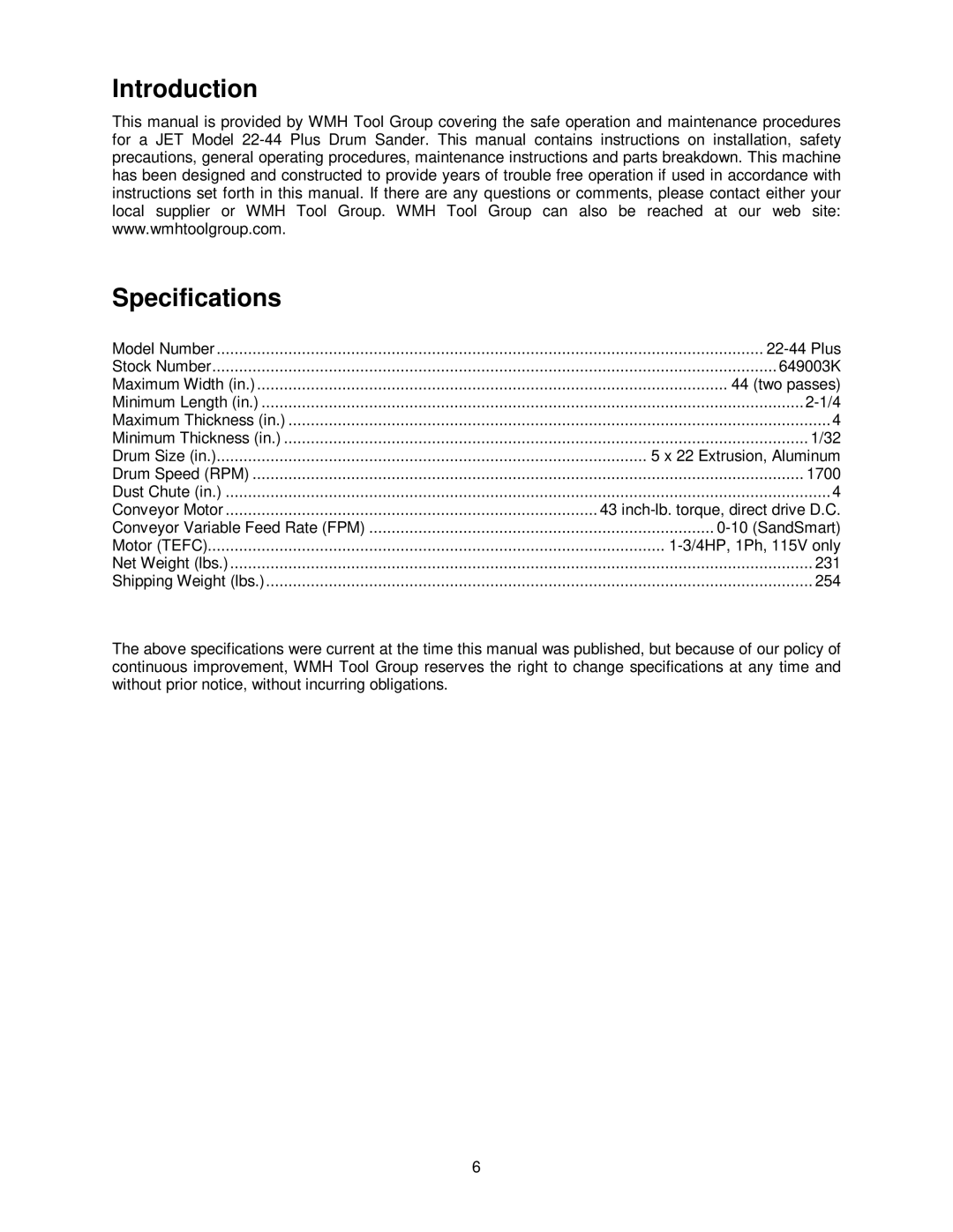 Jet Tools Drum Sander operating instructions Introduction Specifications 