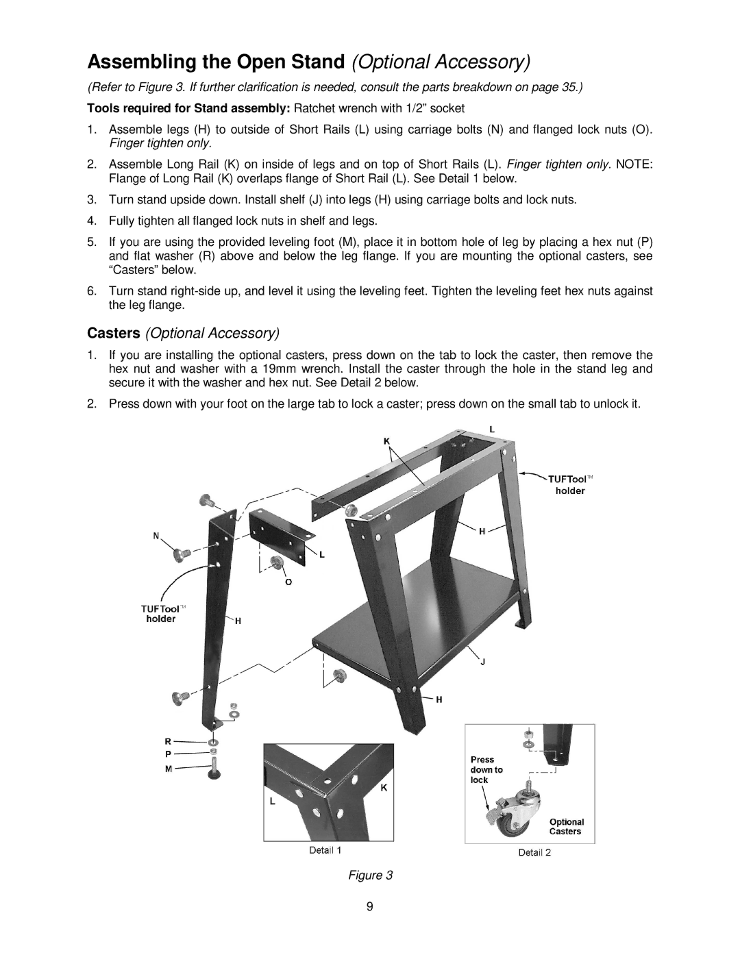 Jet Tools Drum Sander operating instructions Assembling the Open Stand Optional Accessory, Casters Optional Accessory 