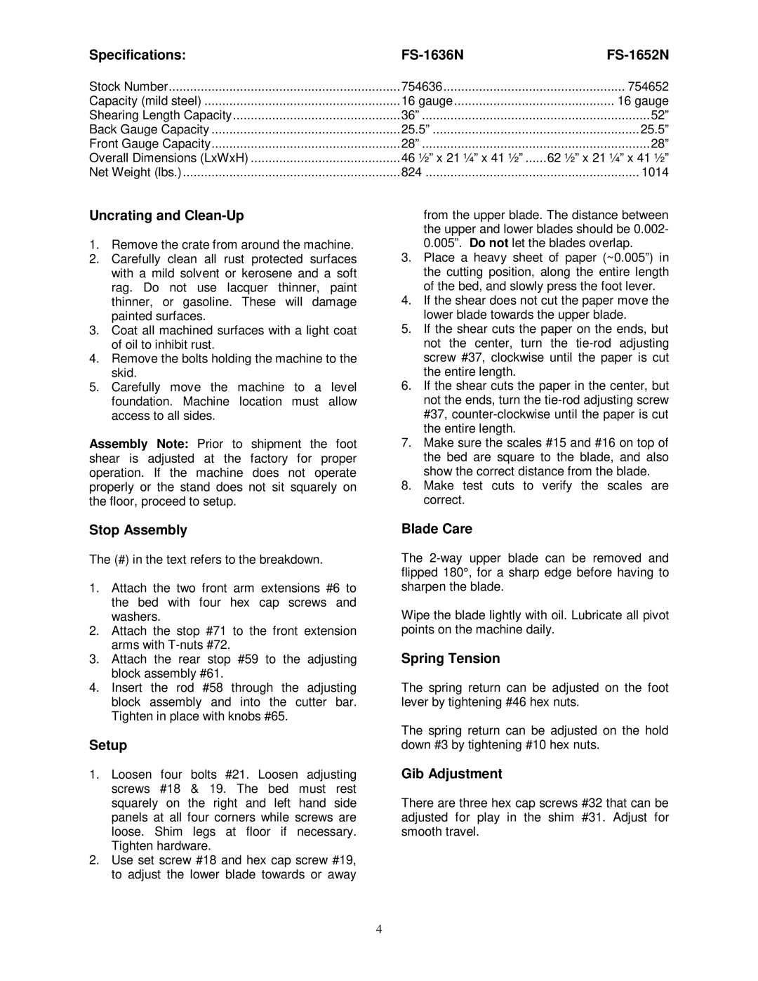 Jet Tools Specifications FS-1636N FS-1652N, Uncrating and Clean-Up, Stop Assembly, Setup, Blade Care, Spring Tension 