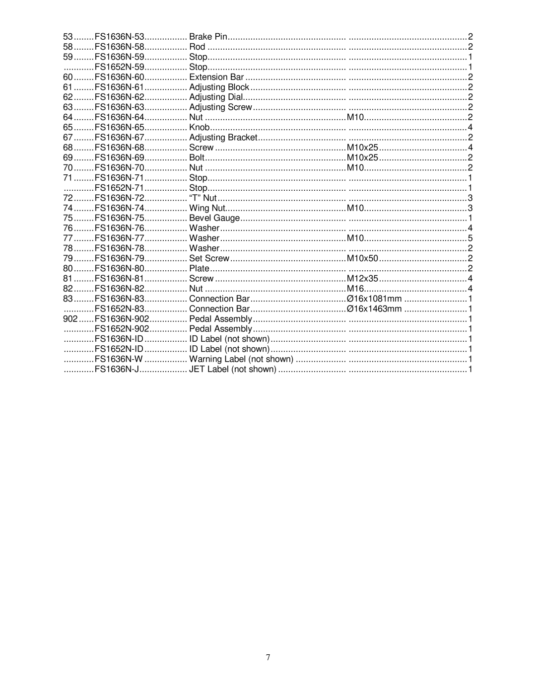 Jet Tools FS-1636N, FS-1652N operating instructions FS1636N-53 