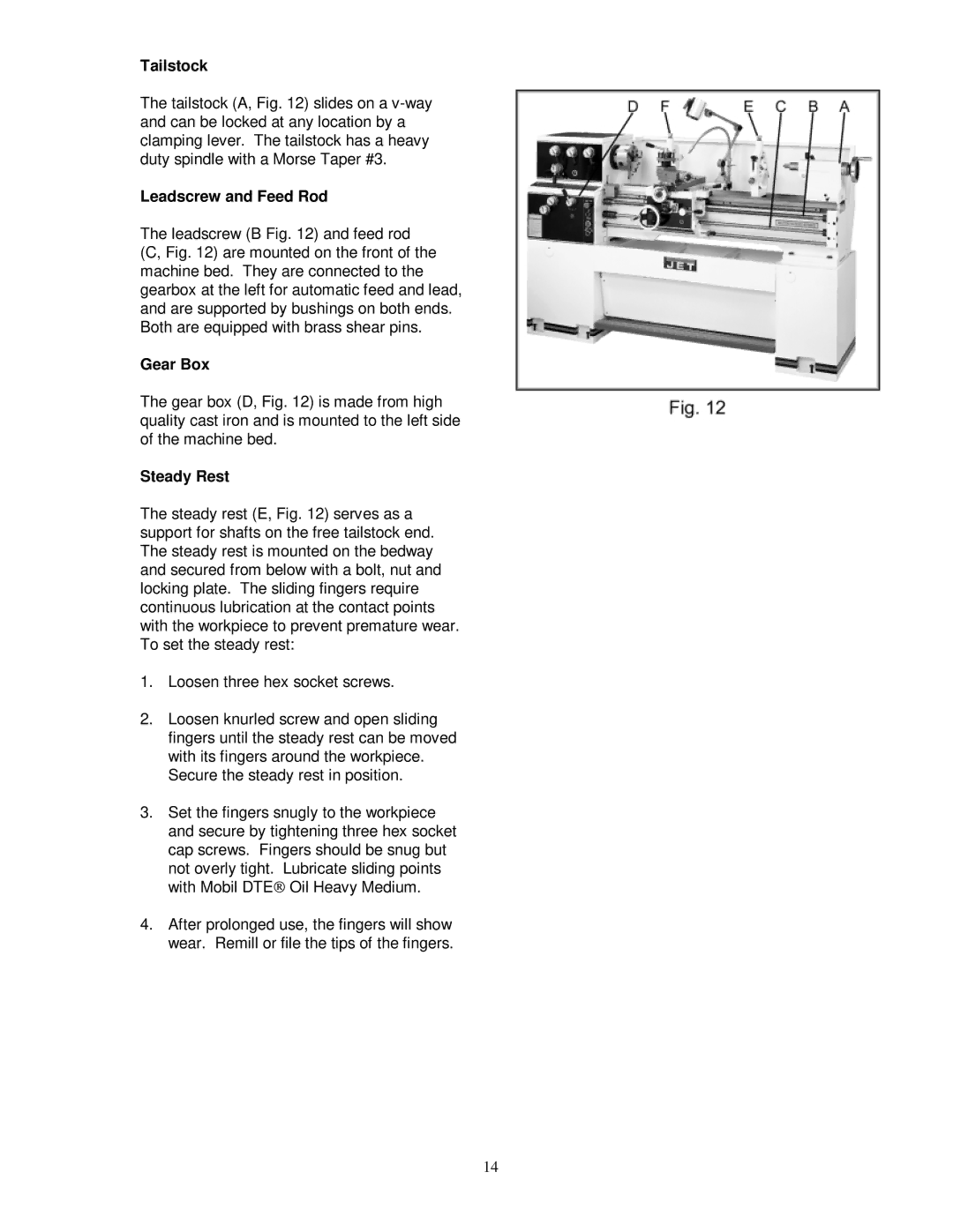 Jet Tools GH-1440W, GH-1340W owner manual Tailstock, Leadscrew and Feed Rod, Gear Box, Steady Rest 