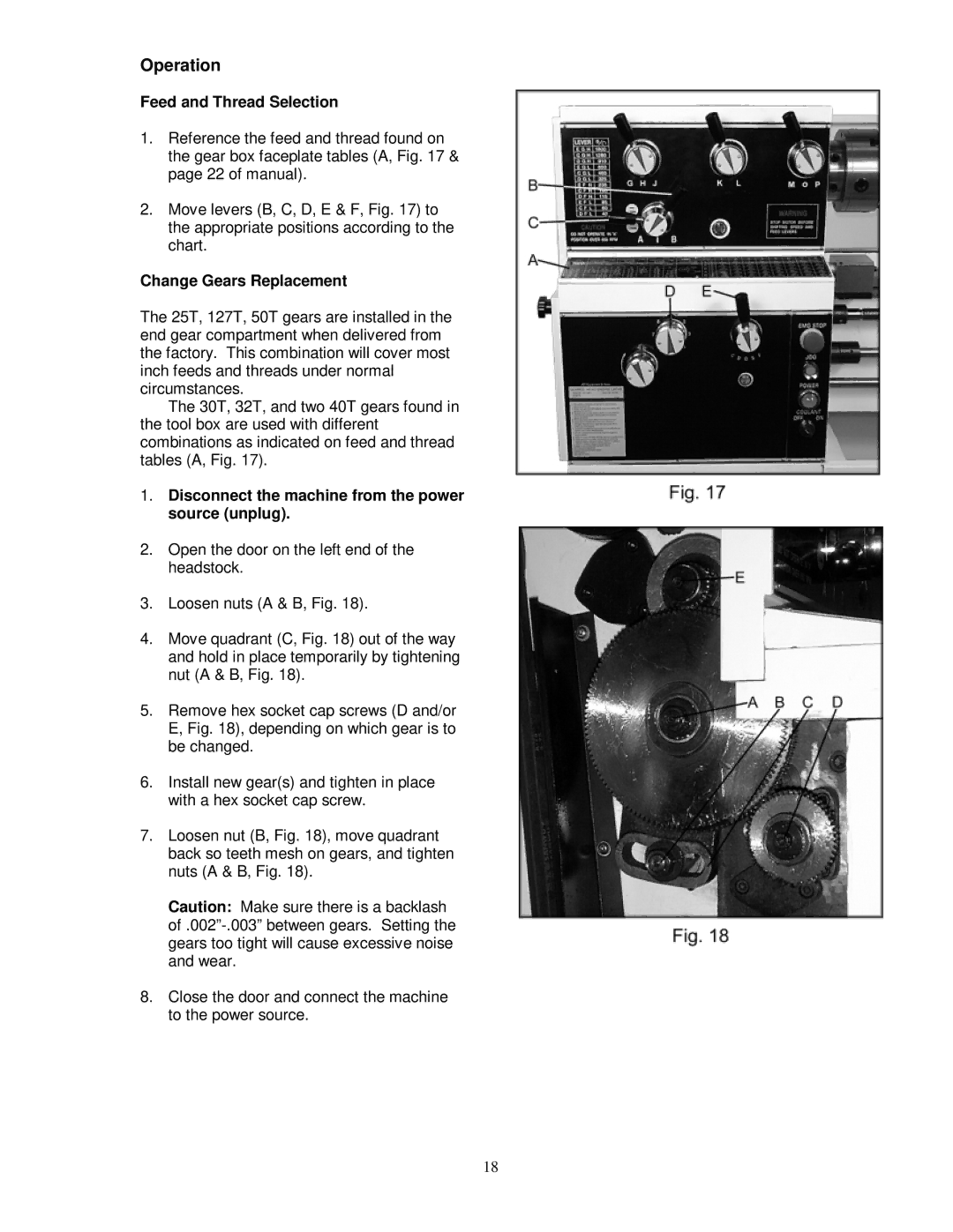 Jet Tools GH-1440W, GH-1340W owner manual Operation, Feed and Thread Selection, Change Gears Replacement 