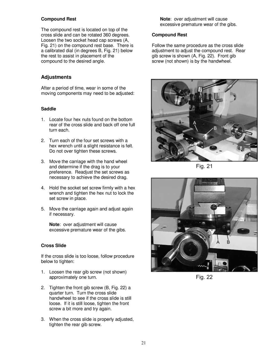 Jet Tools GH-1340W, GH-1440W owner manual Adjustments, Compound Rest, Saddle, Cross Slide 