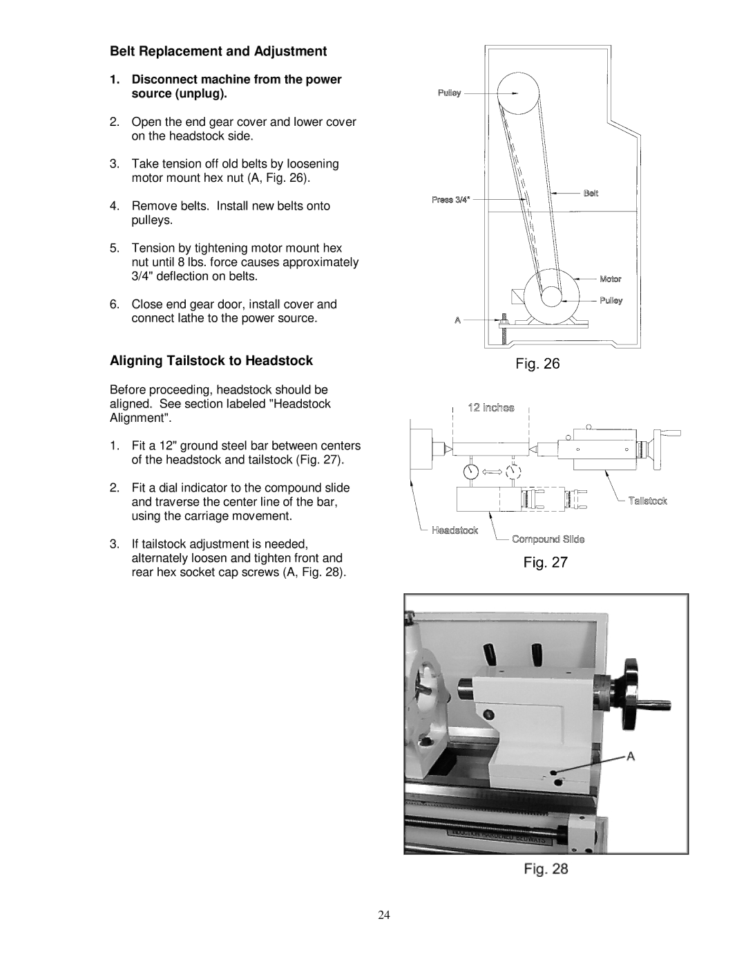 Jet Tools GH-1440W, GH-1340W owner manual Belt Replacement and Adjustment, Aligning Tailstock to Headstock 