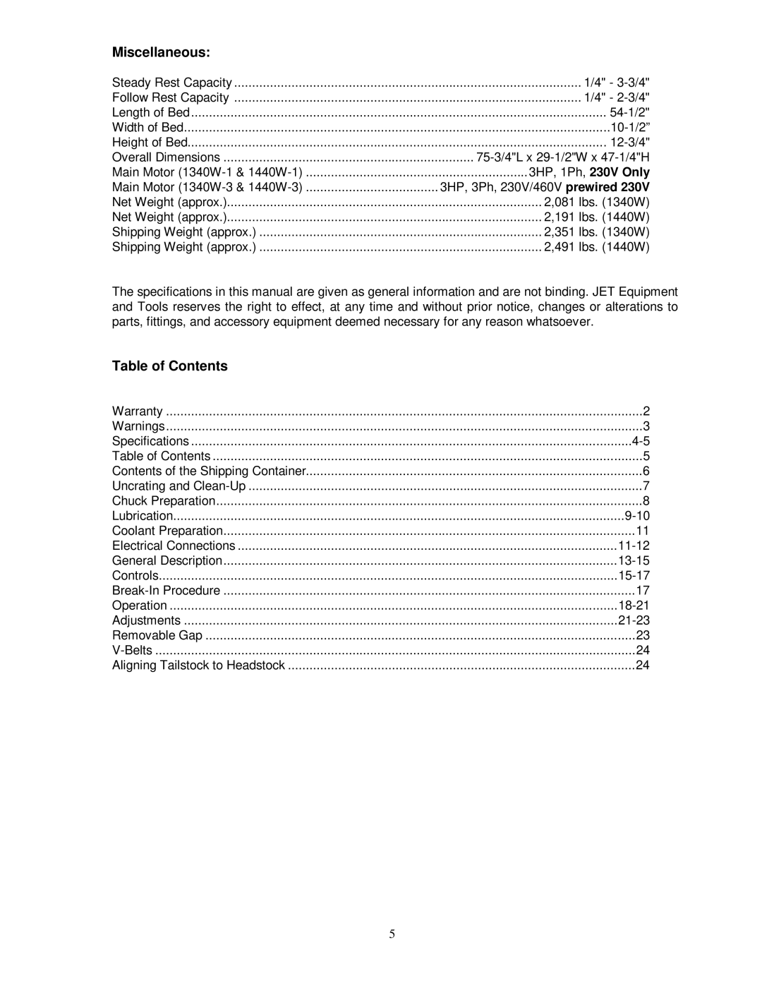 Jet Tools GH-1340W, GH-1440W owner manual Miscellaneous, Table of Contents 