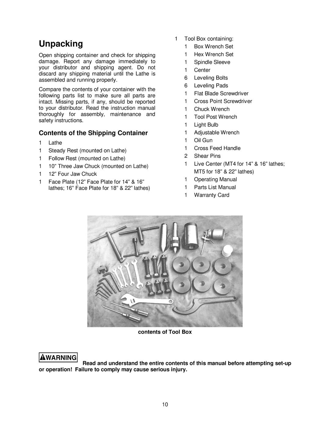 Jet Tools GH-1440ZX operating instructions Unpacking, Contents of the Shipping Container 