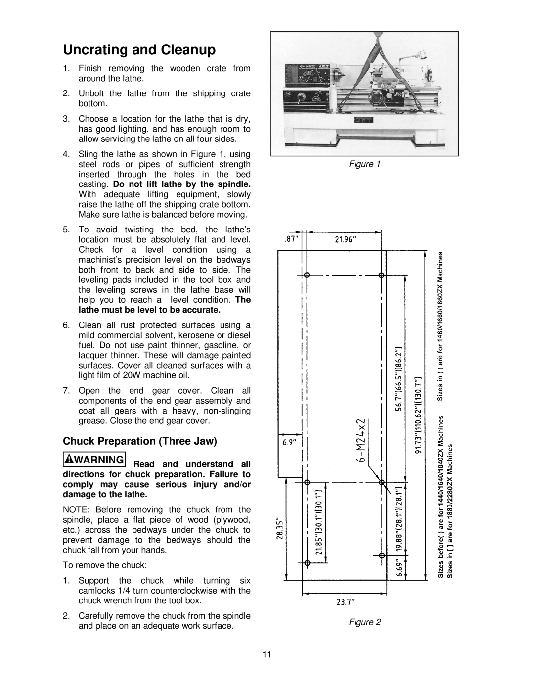 Jet Tools GH-1440ZX operating instructions Uncrating and Cleanup, Chuck Preparation Three Jaw 