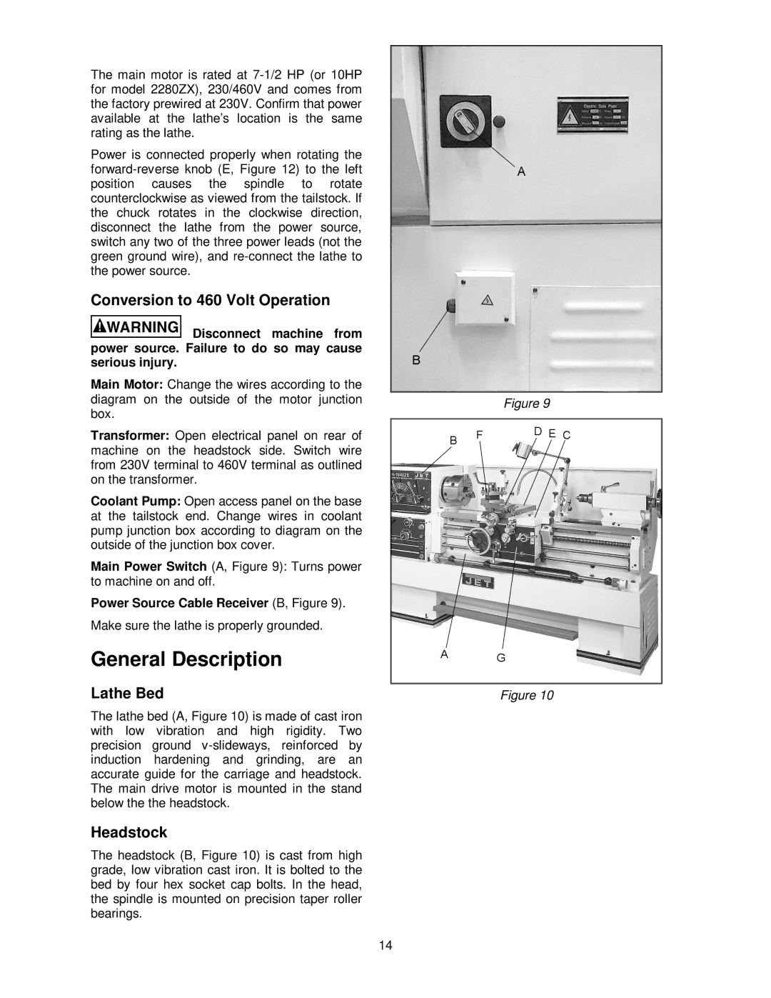 Jet Tools GH-1440ZX operating instructions General Description, Conversion to 460 Volt Operation, Lathe Bed, Headstock 