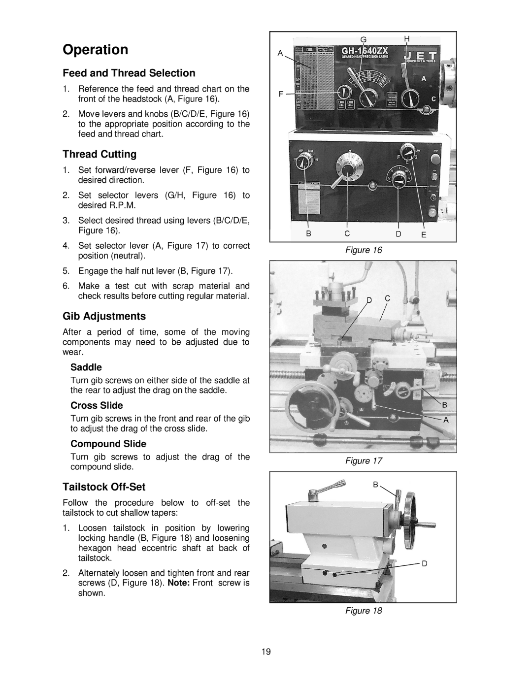 Jet Tools GH-1440ZX Operation, Feed and Thread Selection, Thread Cutting, Gib Adjustments, Tailstock Off-Set 
