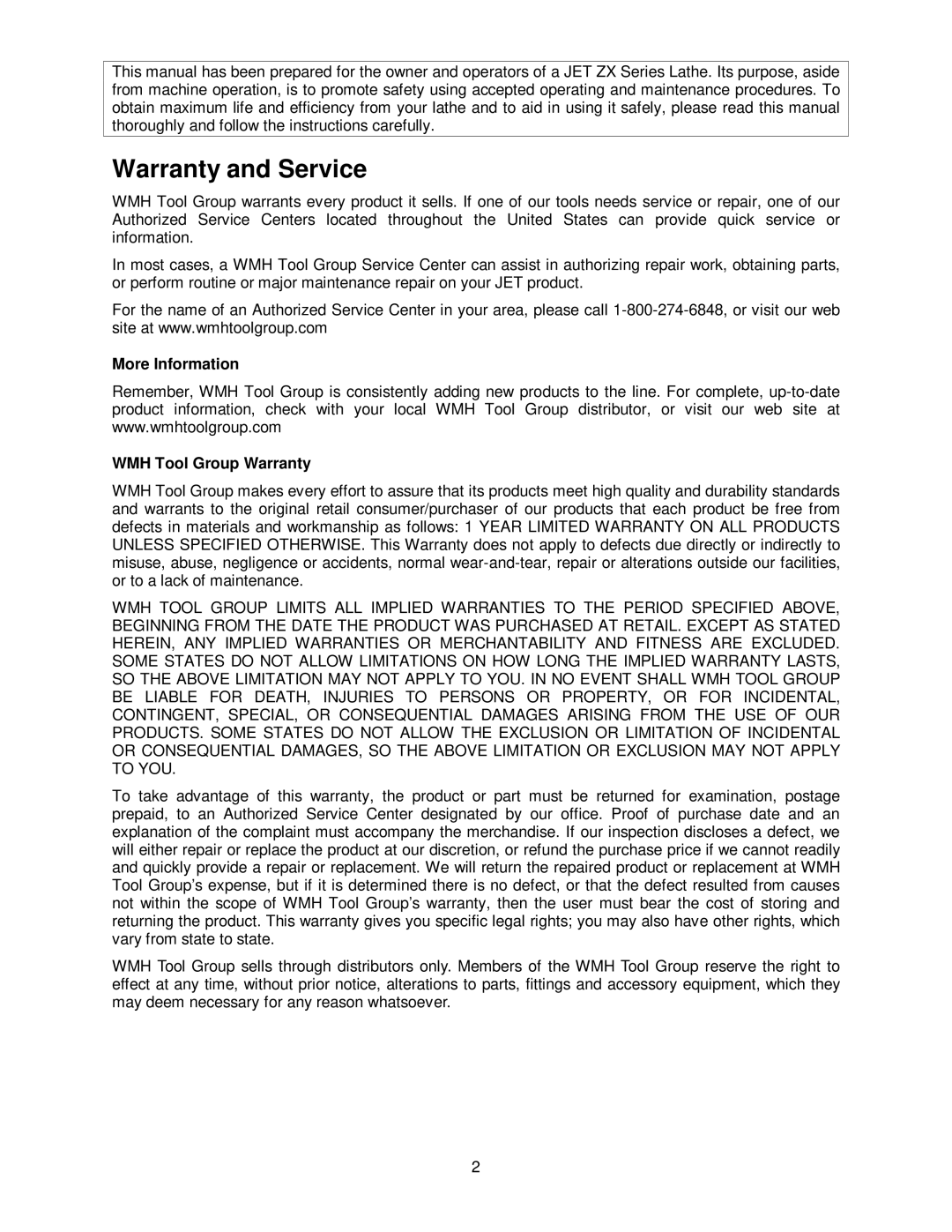 Jet Tools GH-1440ZX operating instructions Warranty and Service, More Information WMH Tool Group Warranty 