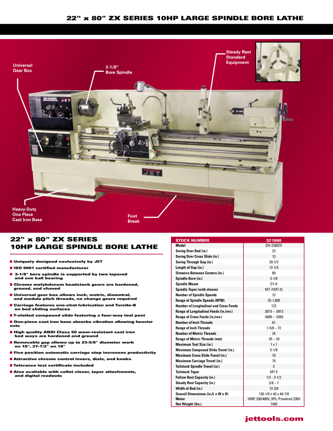 Jet Tools GH-2280ZX manual 10HP Large Spindle Bore Lathe, Universal Gear Box, Heavy-Duty One Piece Foot Cast Iron Base 