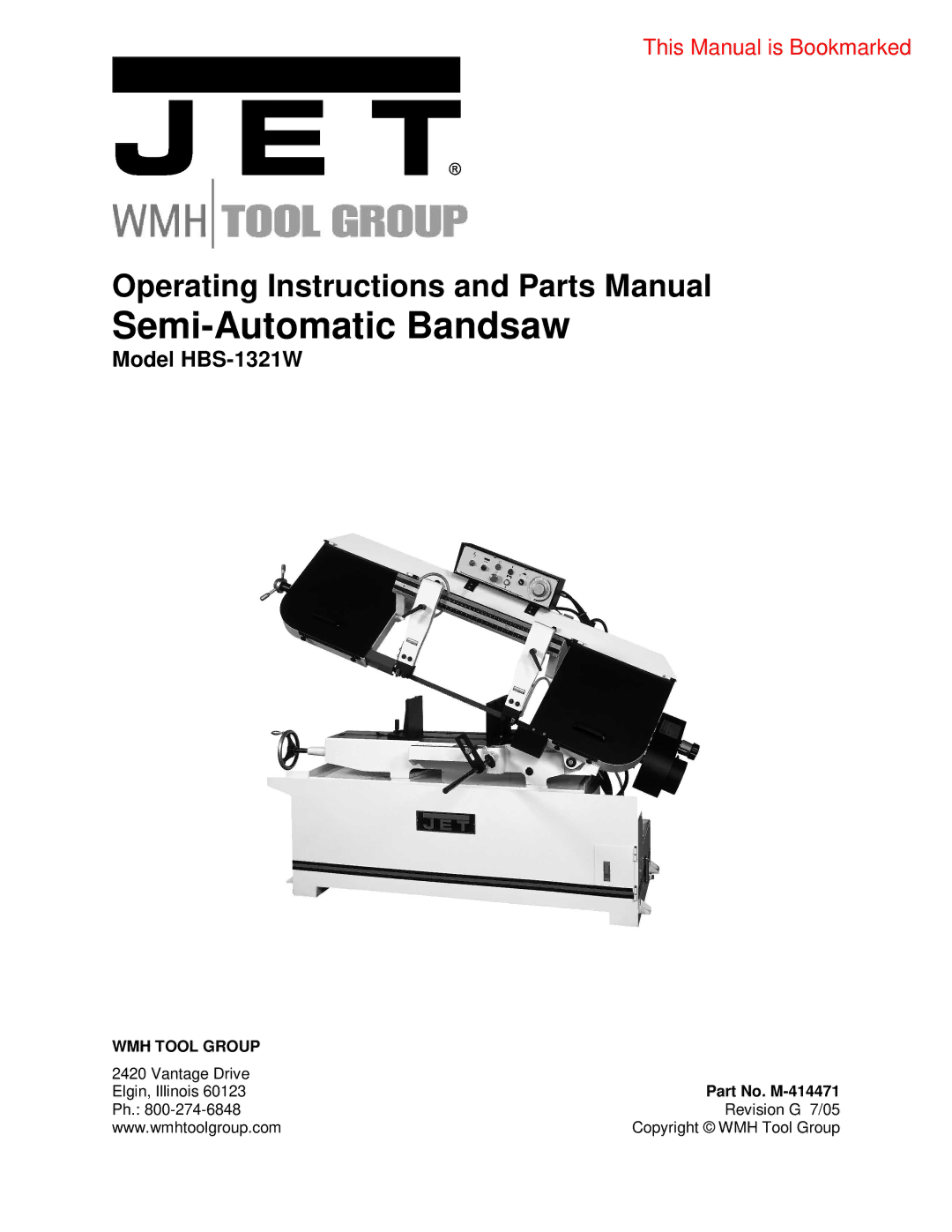 Jet Tools HBS-1321W WMH operating instructions Semi-Automatic Bandsaw, Part No. M-414471 