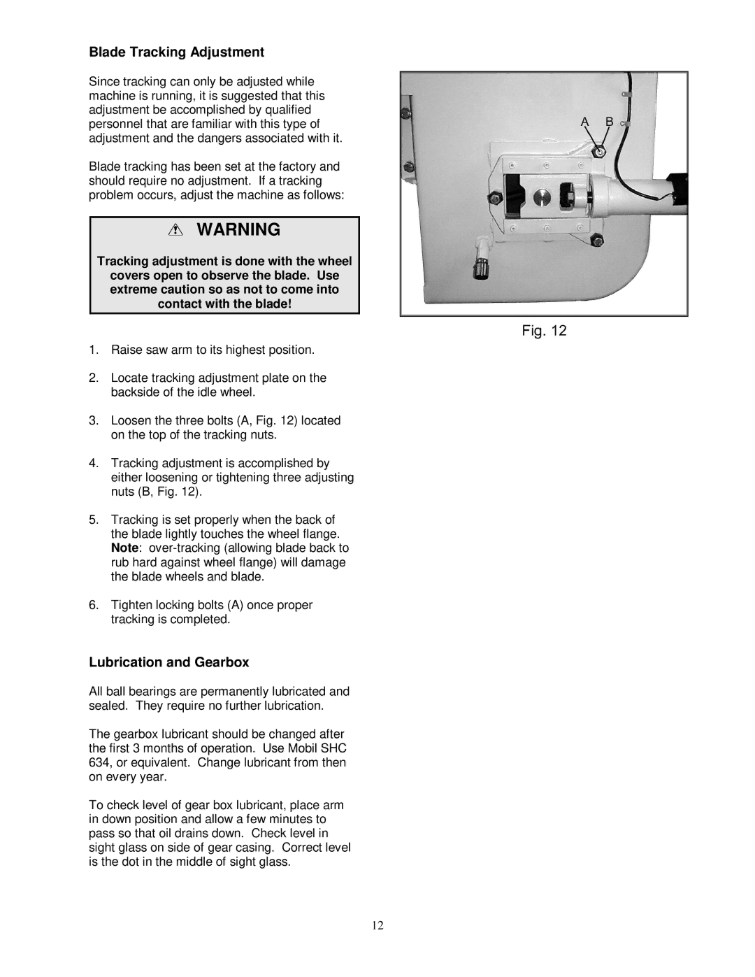 Jet Tools HBS-1321W WMH operating instructions Blade Tracking Adjustment, Lubrication and Gearbox 