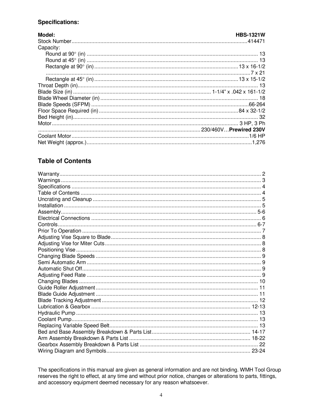 Jet Tools HBS-1321W WMH operating instructions Table of Contents 