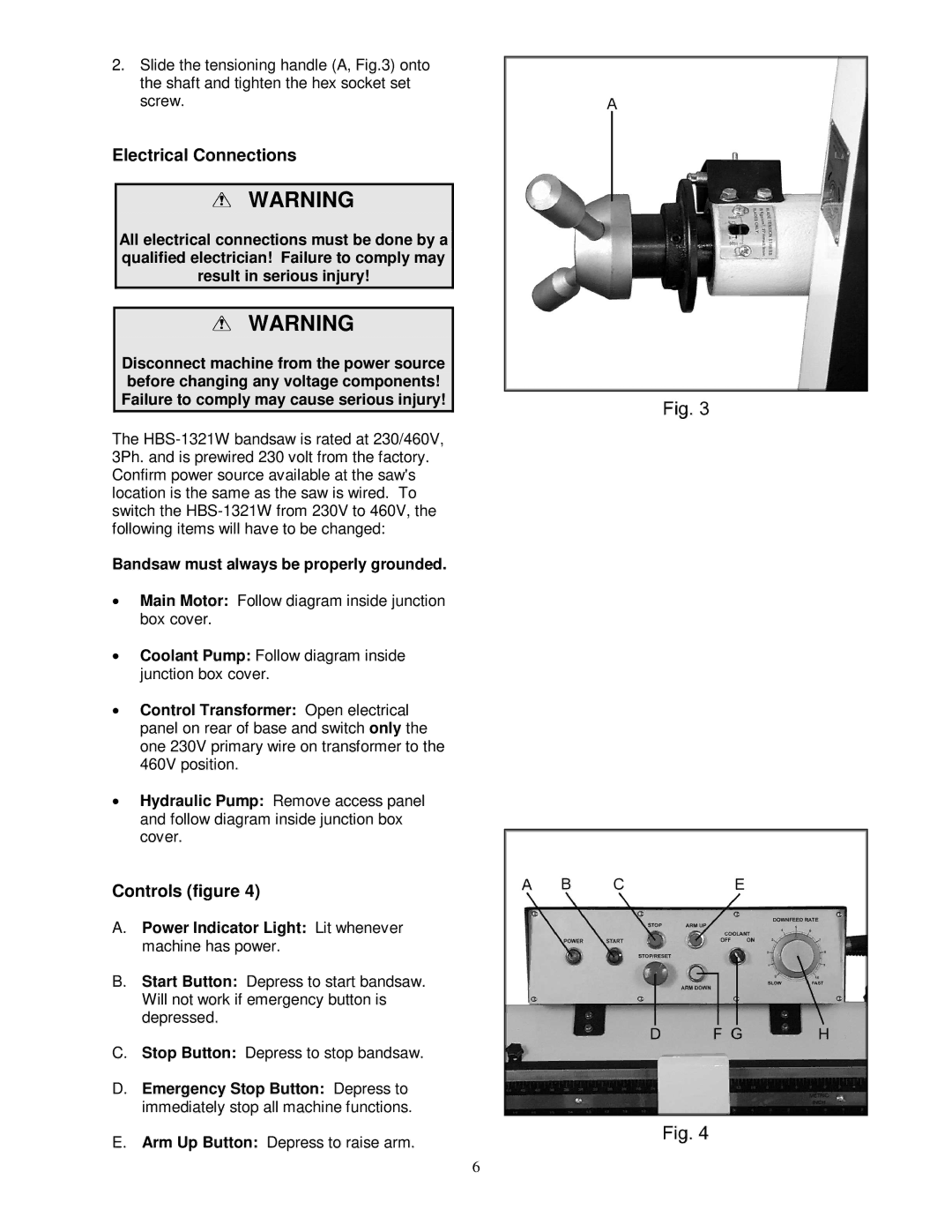 Jet Tools HBS-1321W WMH Electrical Connections, Controls figure, Bandsaw must always be properly grounded 