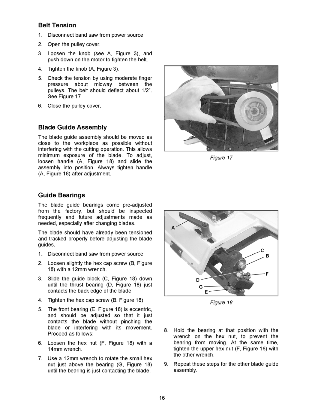 Jet Tools HBS-56S operating instructions Belt Tension, Blade Guide Assembly, Guide Bearings 