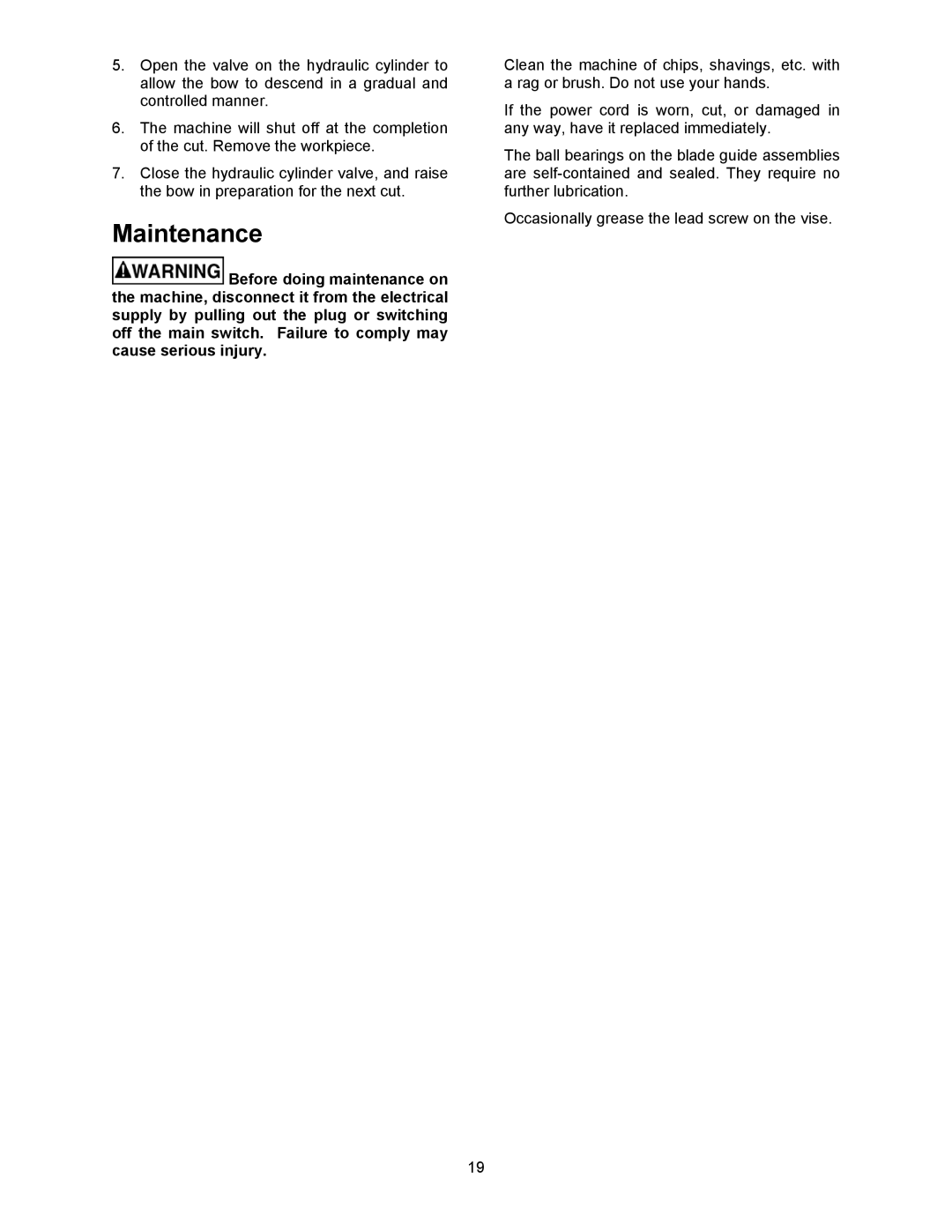 Jet Tools HBS-56S operating instructions Maintenance 