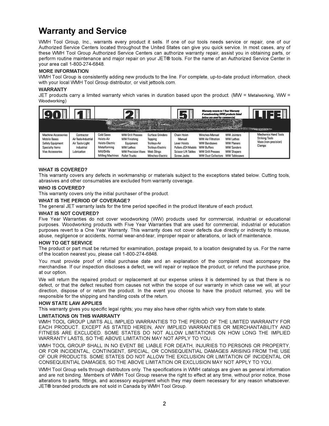 Jet Tools HBS-56S operating instructions Warranty and Service, More Information 