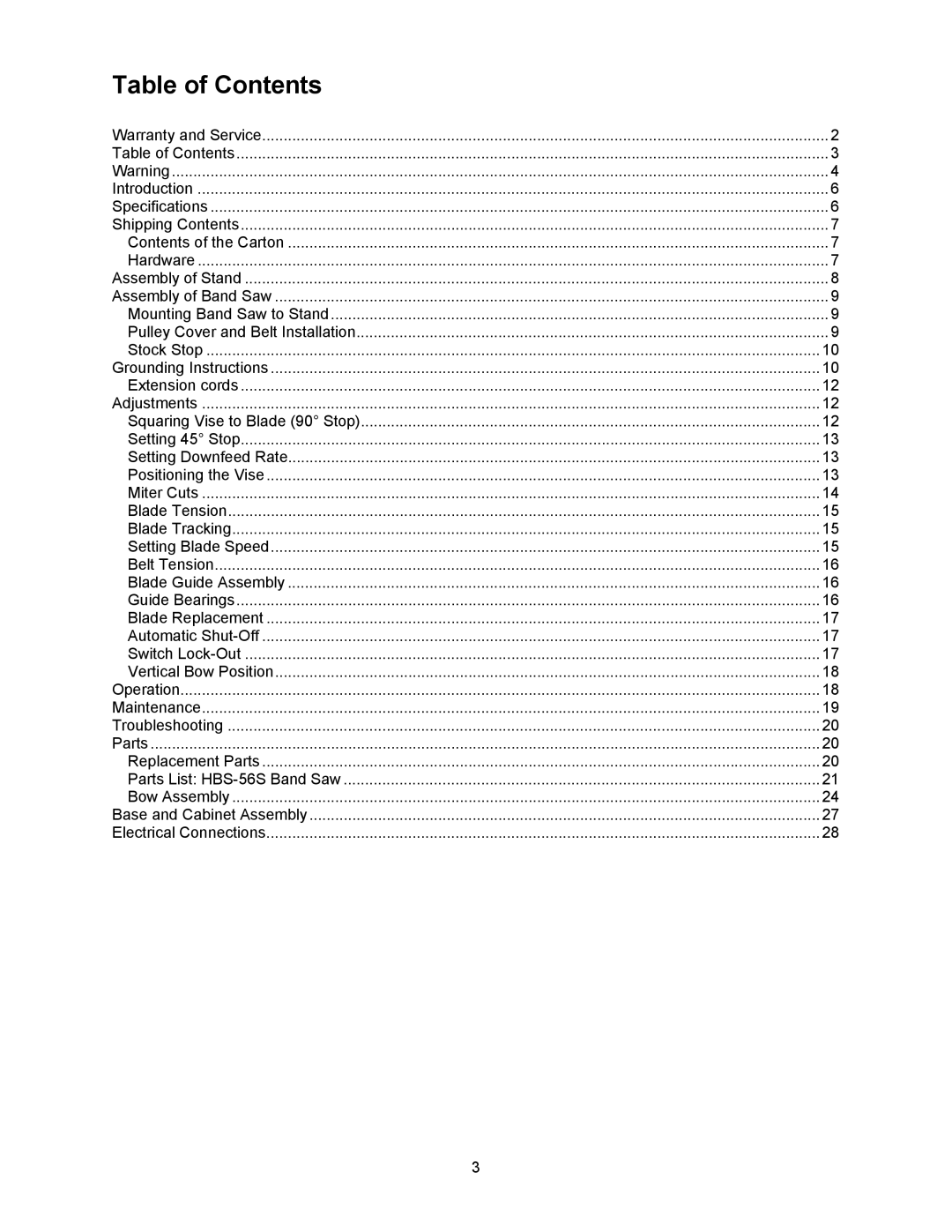 Jet Tools HBS-56S operating instructions Table of Contents 