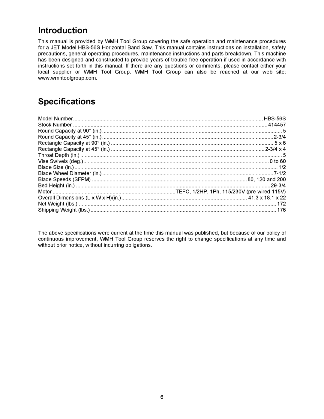 Jet Tools HBS-56S operating instructions Introduction Specifications 