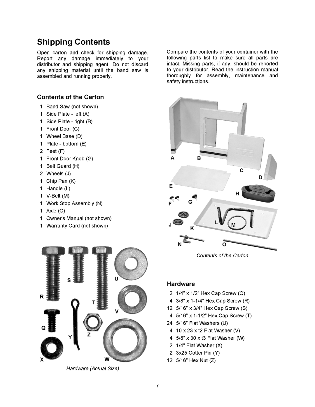 Jet Tools HBS-56S operating instructions Shipping Contents 