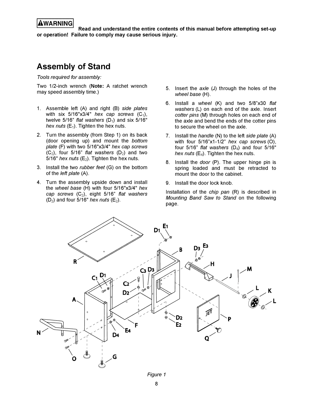 Jet Tools HBS-56S operating instructions Assembly of Stand, Tools required for assembly 