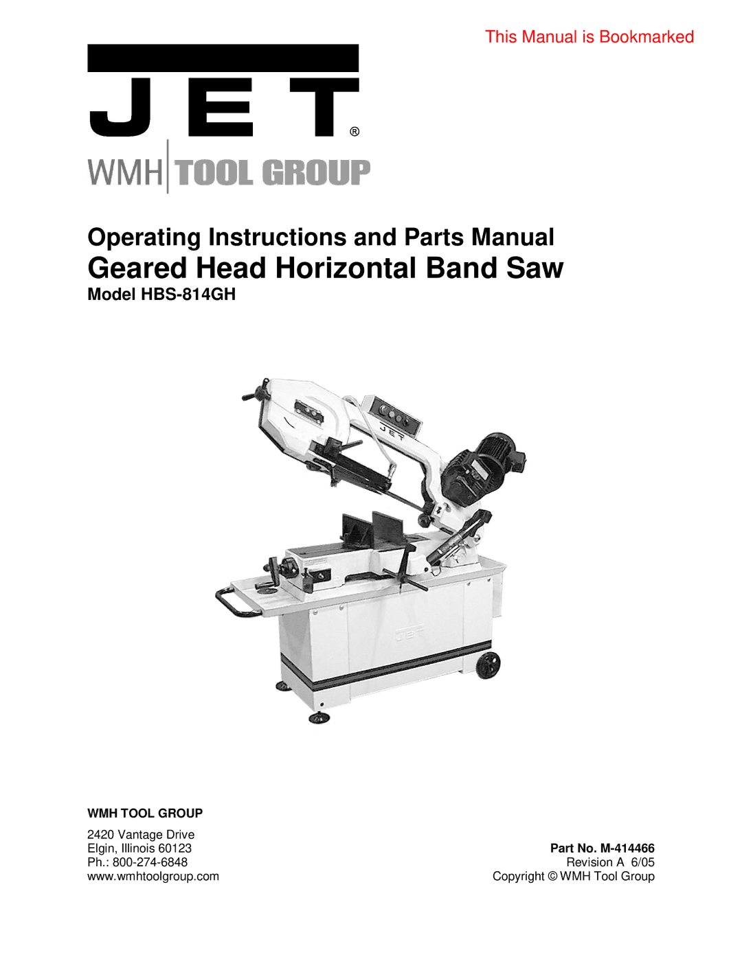 Jet Tools HBS-814GH operating instructions Geared Head Horizontal Band Saw, Part No. M-414466 